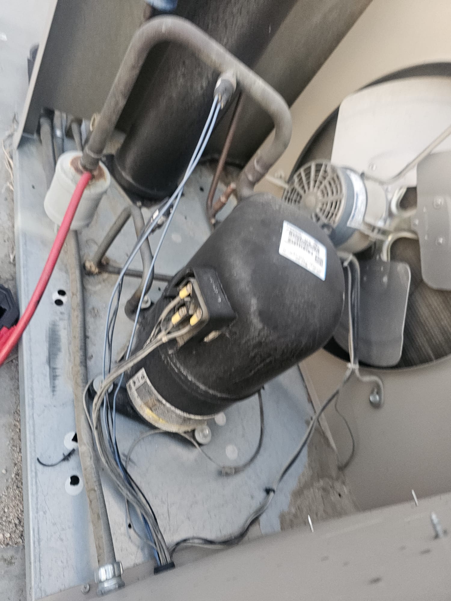 Compresor y conexiones eléctricas durante una revisión técnica